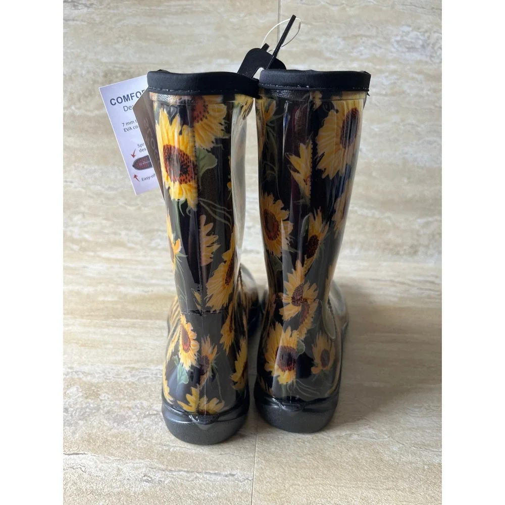 Sloggers Rain Boots Womens 11 Black NWT Sunflower Floral Waterproof Garden Mid